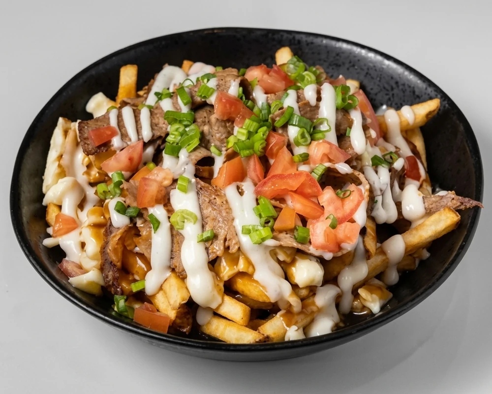 Donair poutine with cheese curds, tomato and green onion at Binge Pizza, Calgary