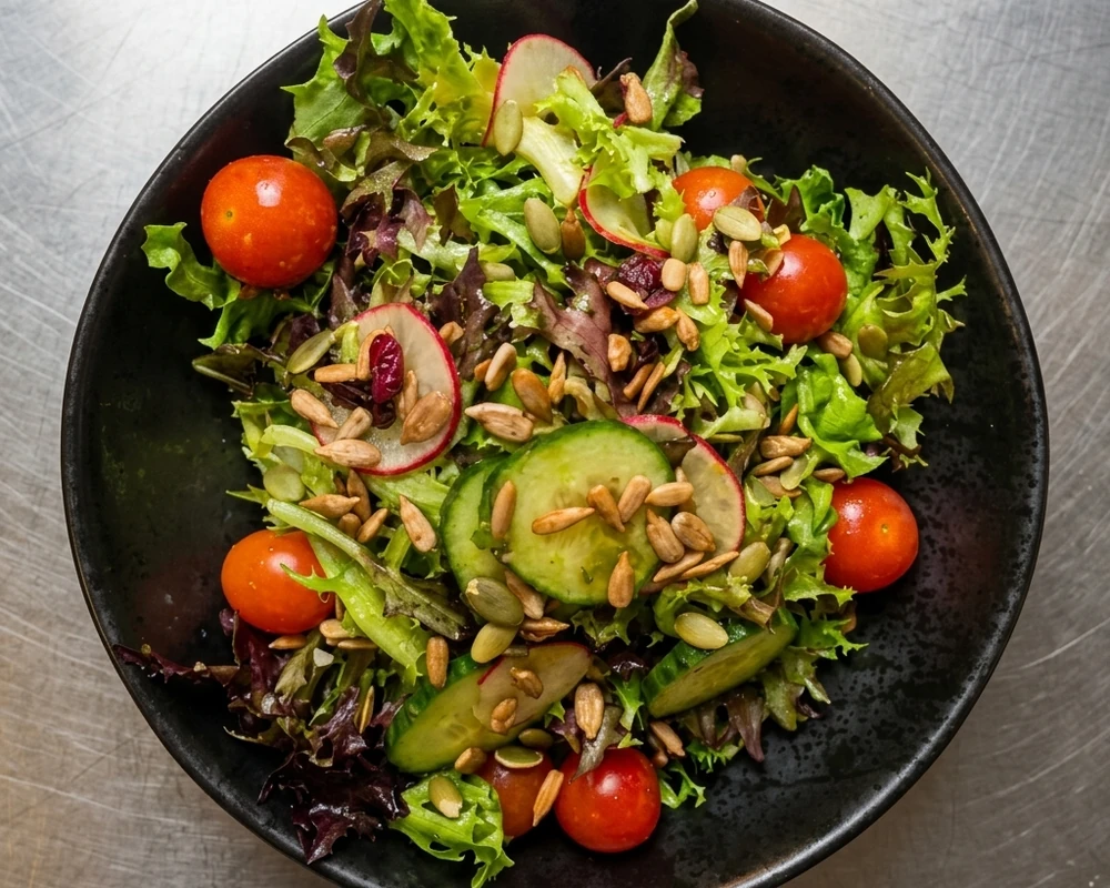 House salad with artisan greens, tomato and cucumber at Binge Pizza, Calgary