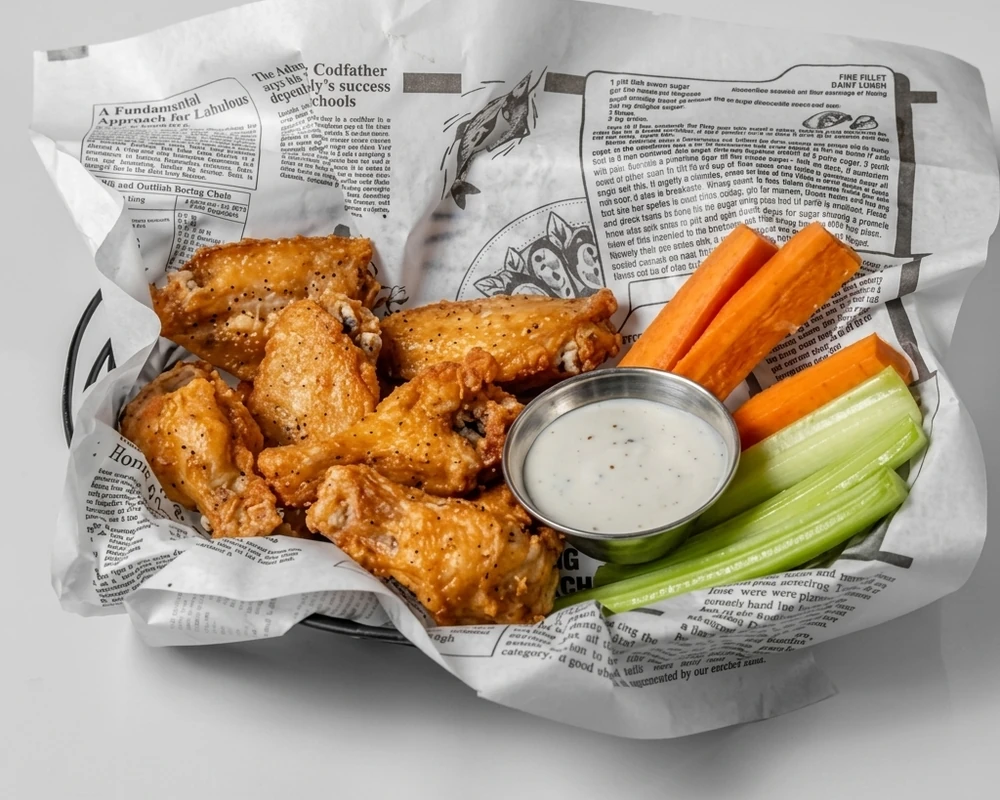 A pound of crispy chicken wings with dip at Binge Pizza, Calgary